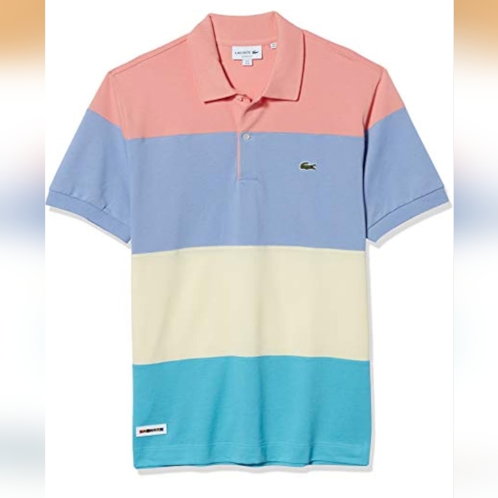 Lacoste Men's Classic Fit Colorblock Ice Cotton Polo Elf Pink/Multicolor Size XL